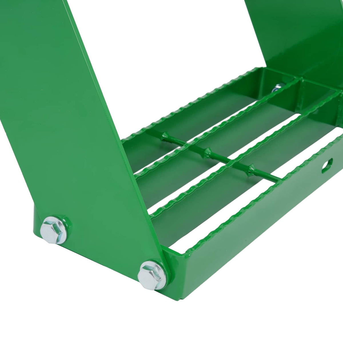 Close-up of green grated step slats and mounting end bracket with bolts