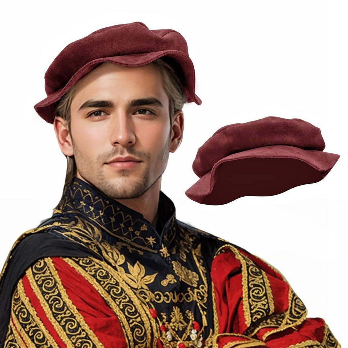 Wine burgundy flat beret hat with fold-over brim on a model