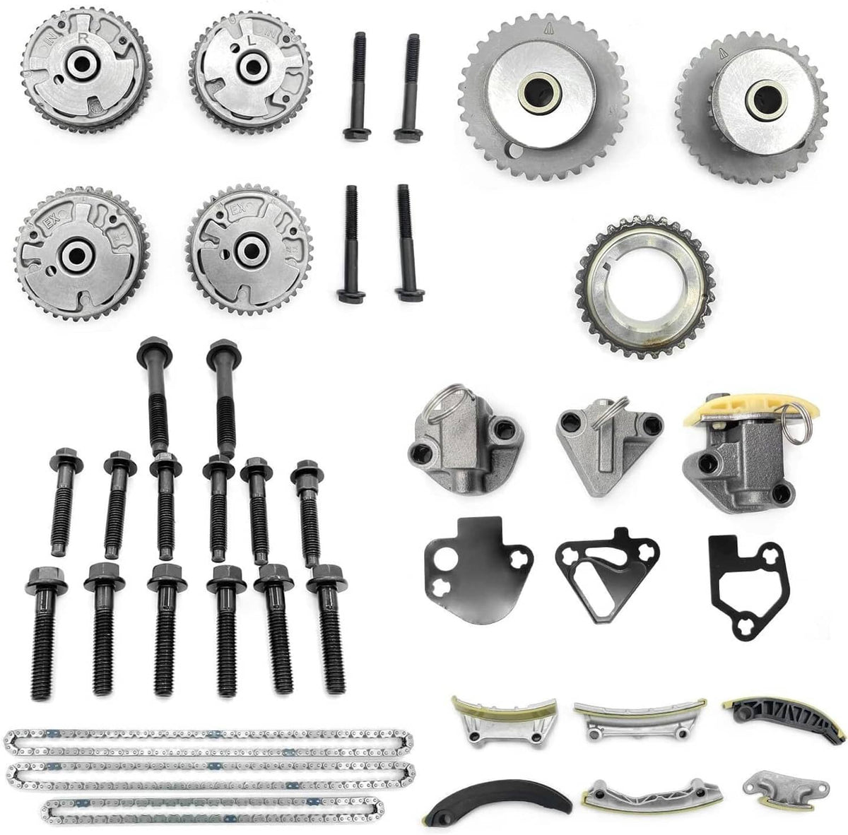 Timing chain kit sprockets, bolts, and assorted brackets