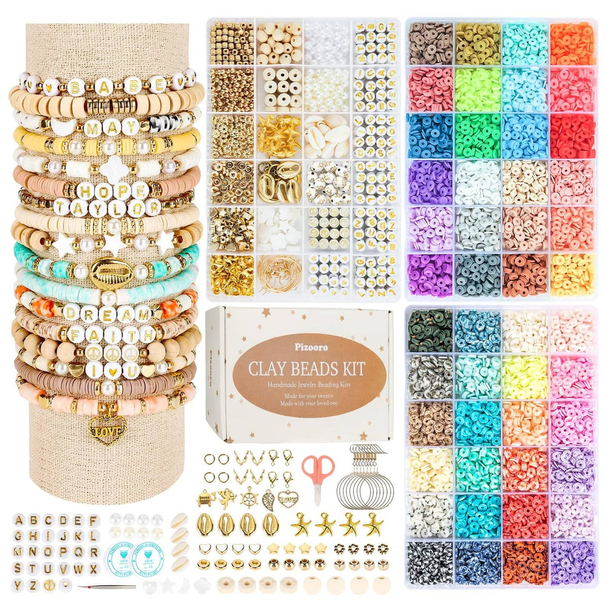 Gold bracelet making kit with stacked clay beaded bracelets and bead color boxes