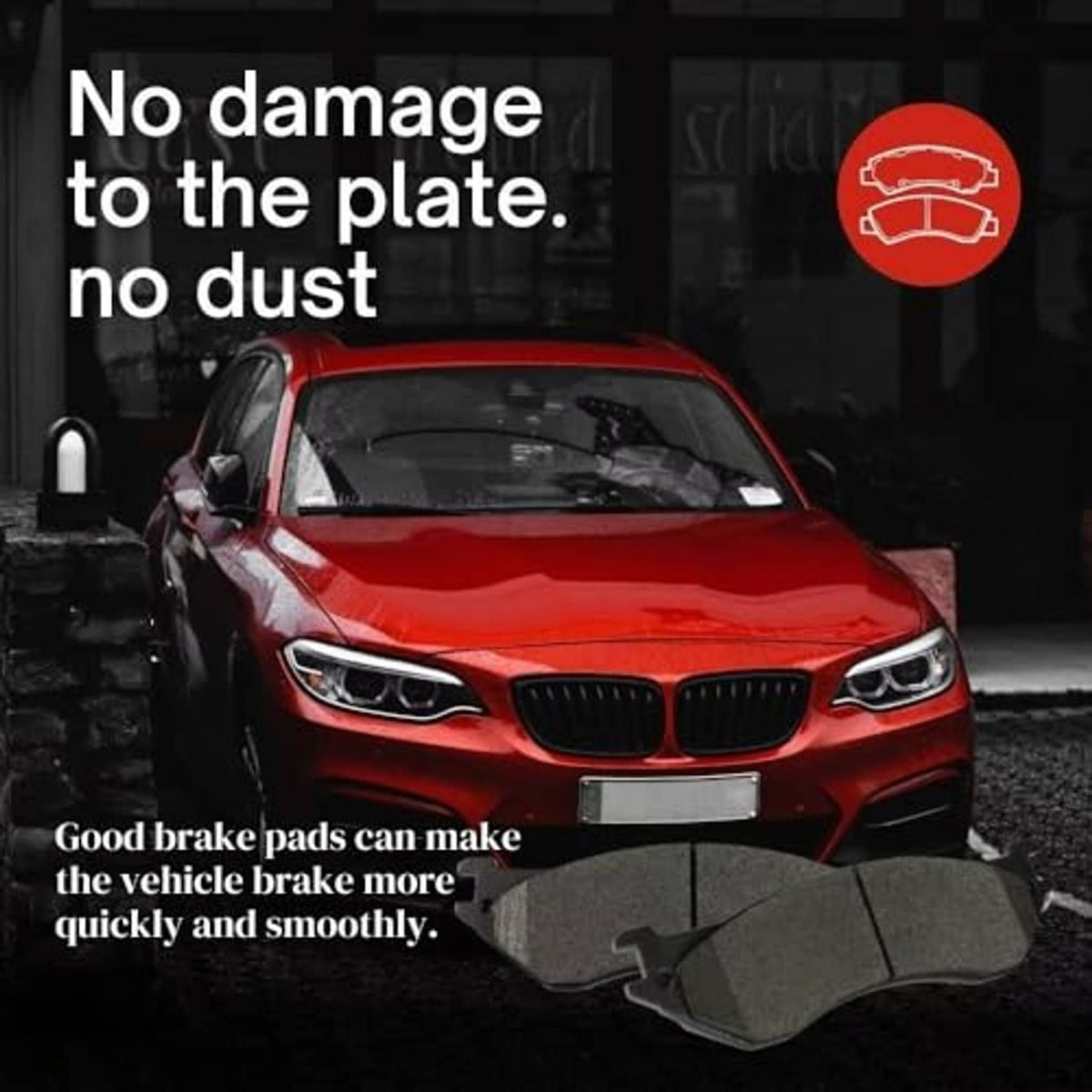 Ceramic disc brake pad with gray friction face and metal backing hardware clip