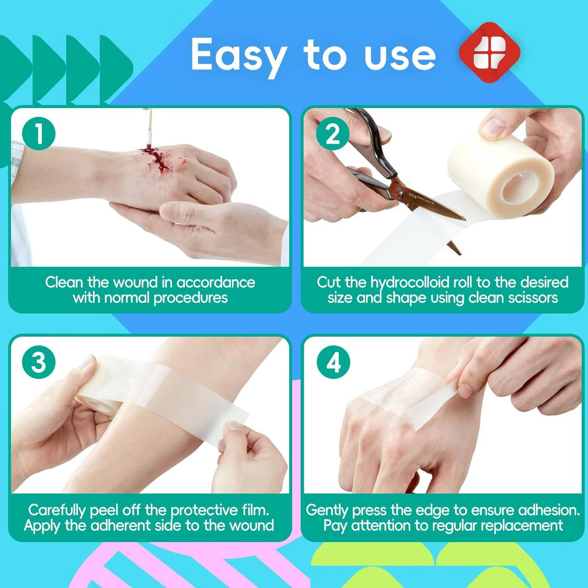 Hydrocolloid roll usage steps infographic showing cutting and applying the roll