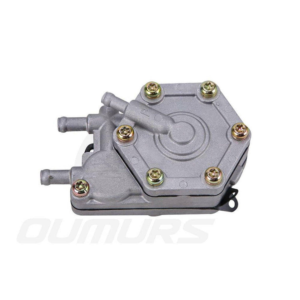 Grey fuel pump assembly with mounting screws and two fuel outlet nipples