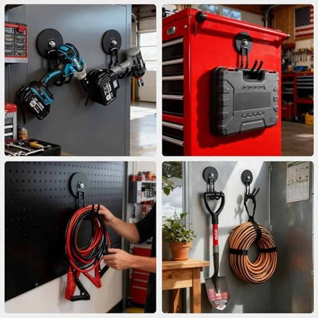 Black magnetic hooks mounted on a garage wall holding tools and cords