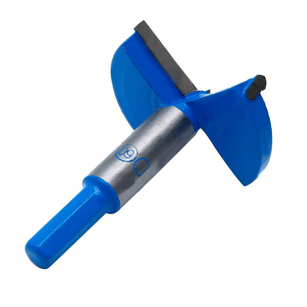 Forstner drill bit with blue guide shaft and round blue cutter head