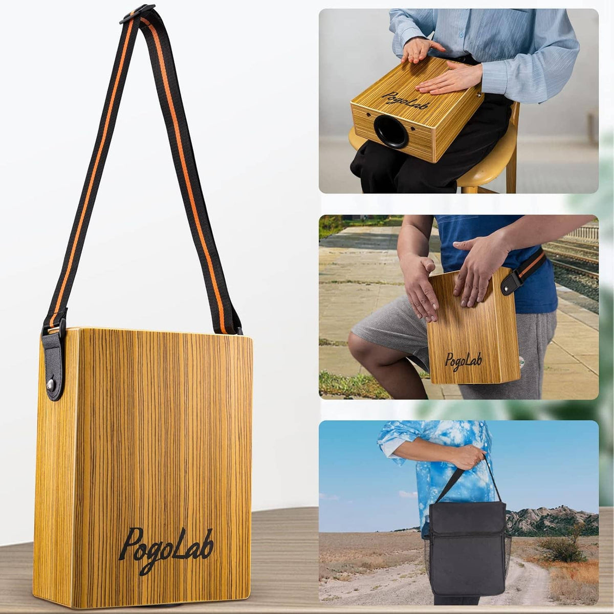 Wooden cajon drum with crossbody carry strap, shown with black case