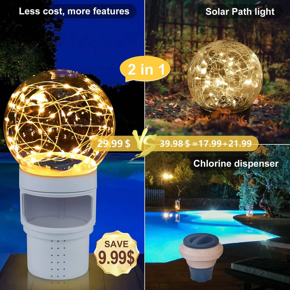 White pool chlorine floater with glowing golden solar ball light and chlorine dispenser base