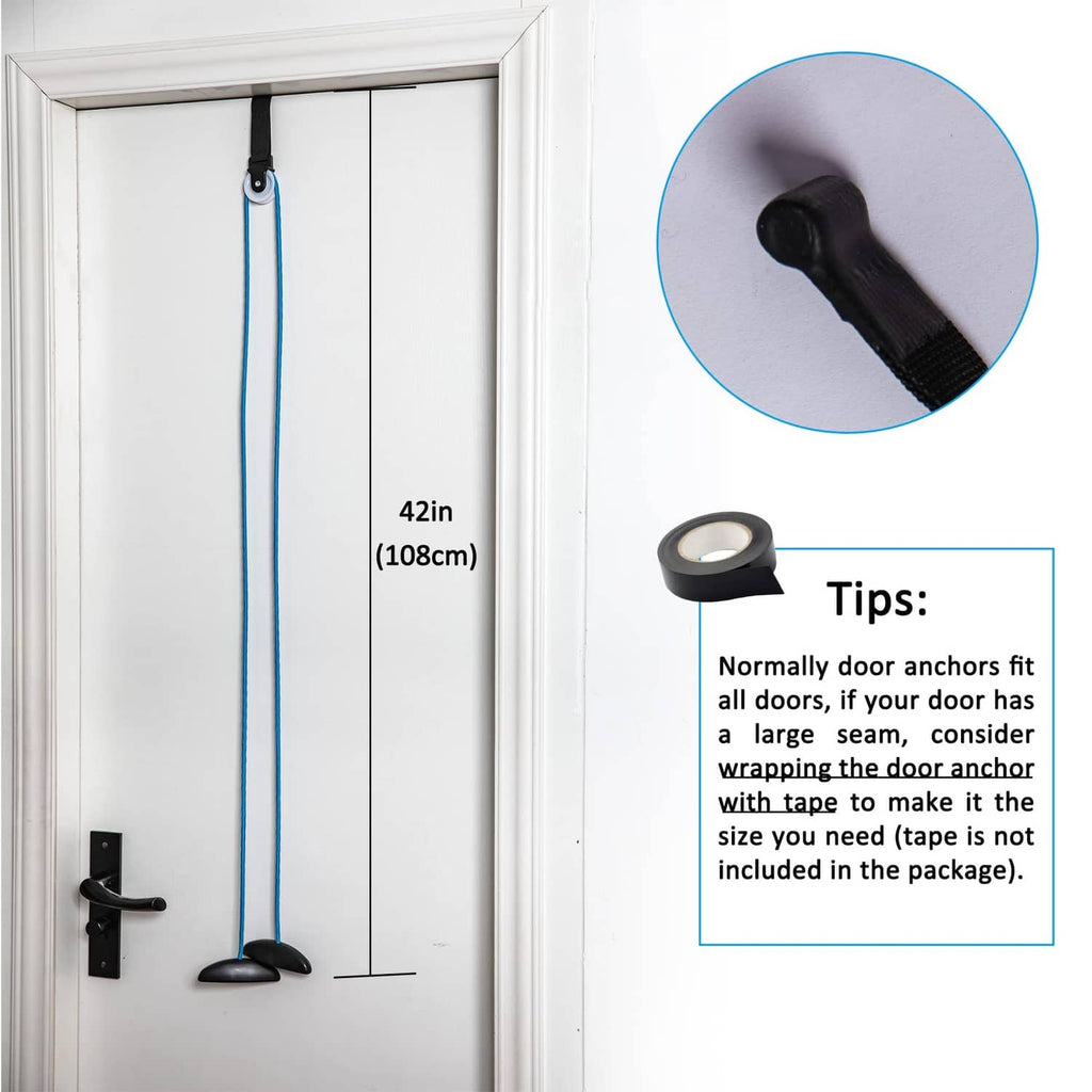 Over-door pulley anchor with black clamp and blue rope, length marked 42 in