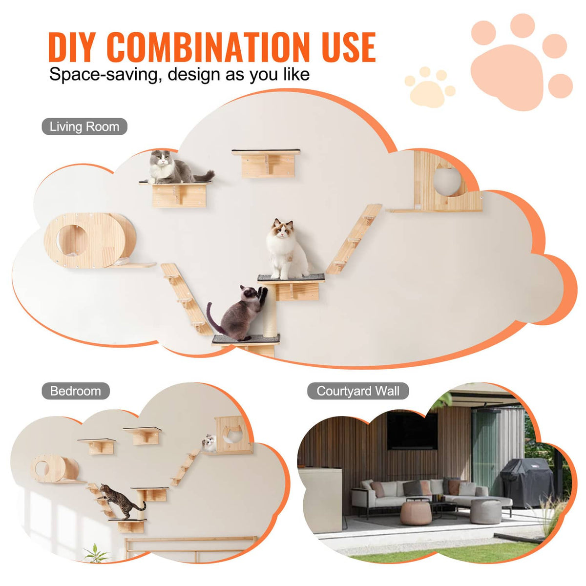 Wall-mounted cat shelf tree with modular curved layout for multiple room locations