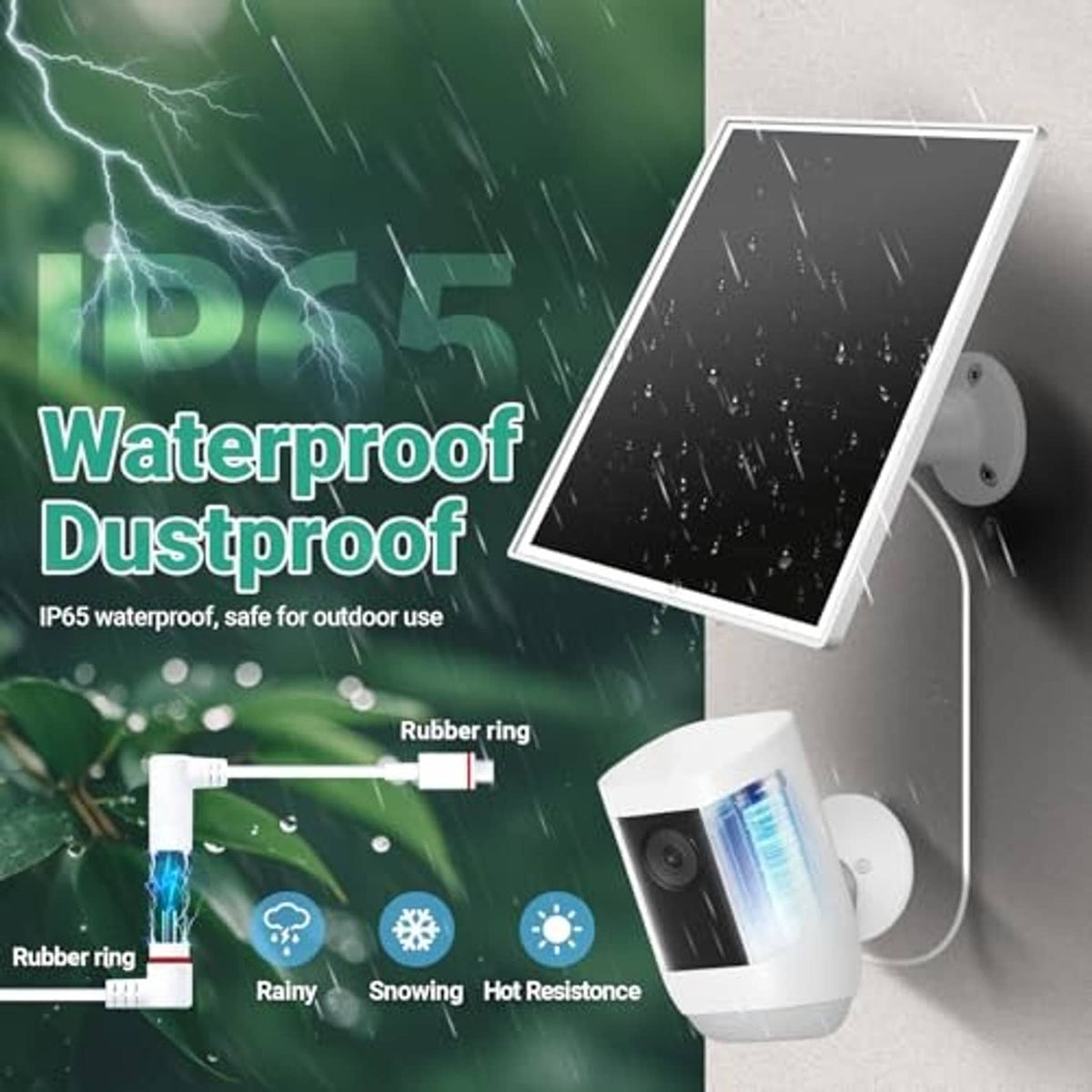 Waterproof solar panel charger with black panel and white wall mount for outdoor camera.