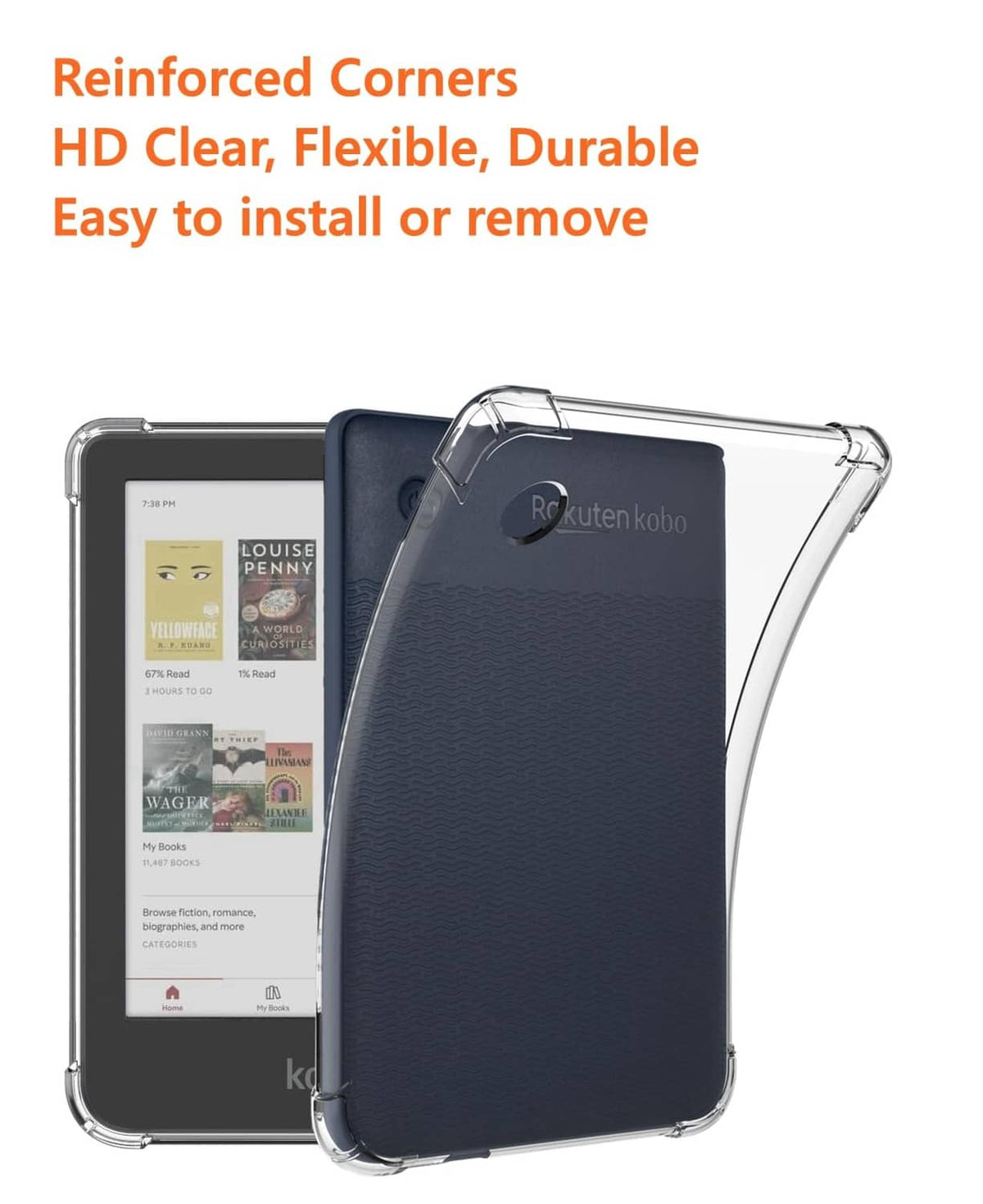 Transparent e-reader case with reinforced corners; navy back case visible behind