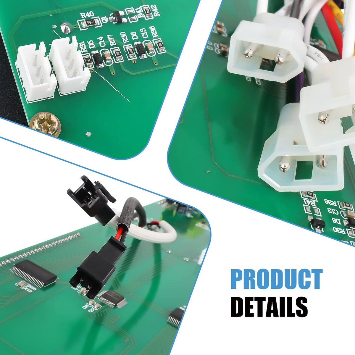Pellet grill control board close-up of green PCB and white connector plugs