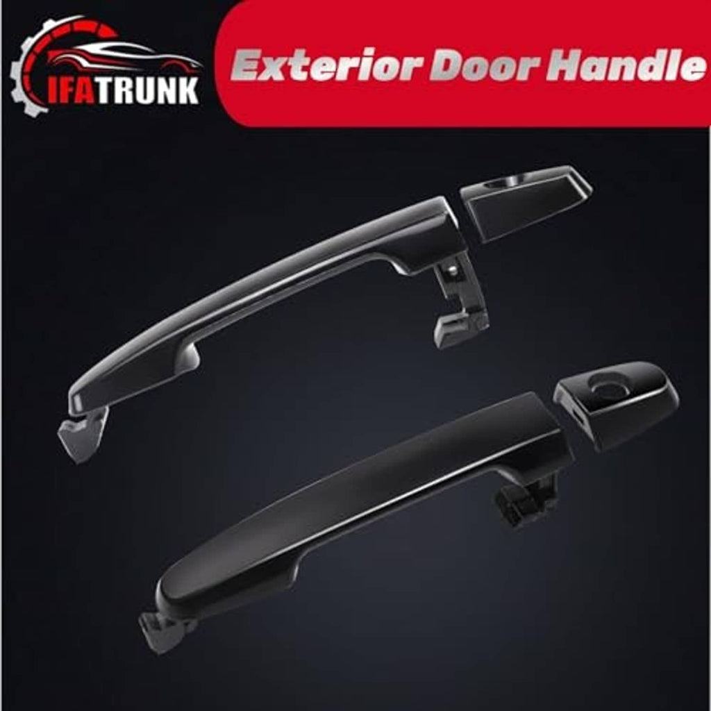 Pair of black exterior door handles with mounting clips, front