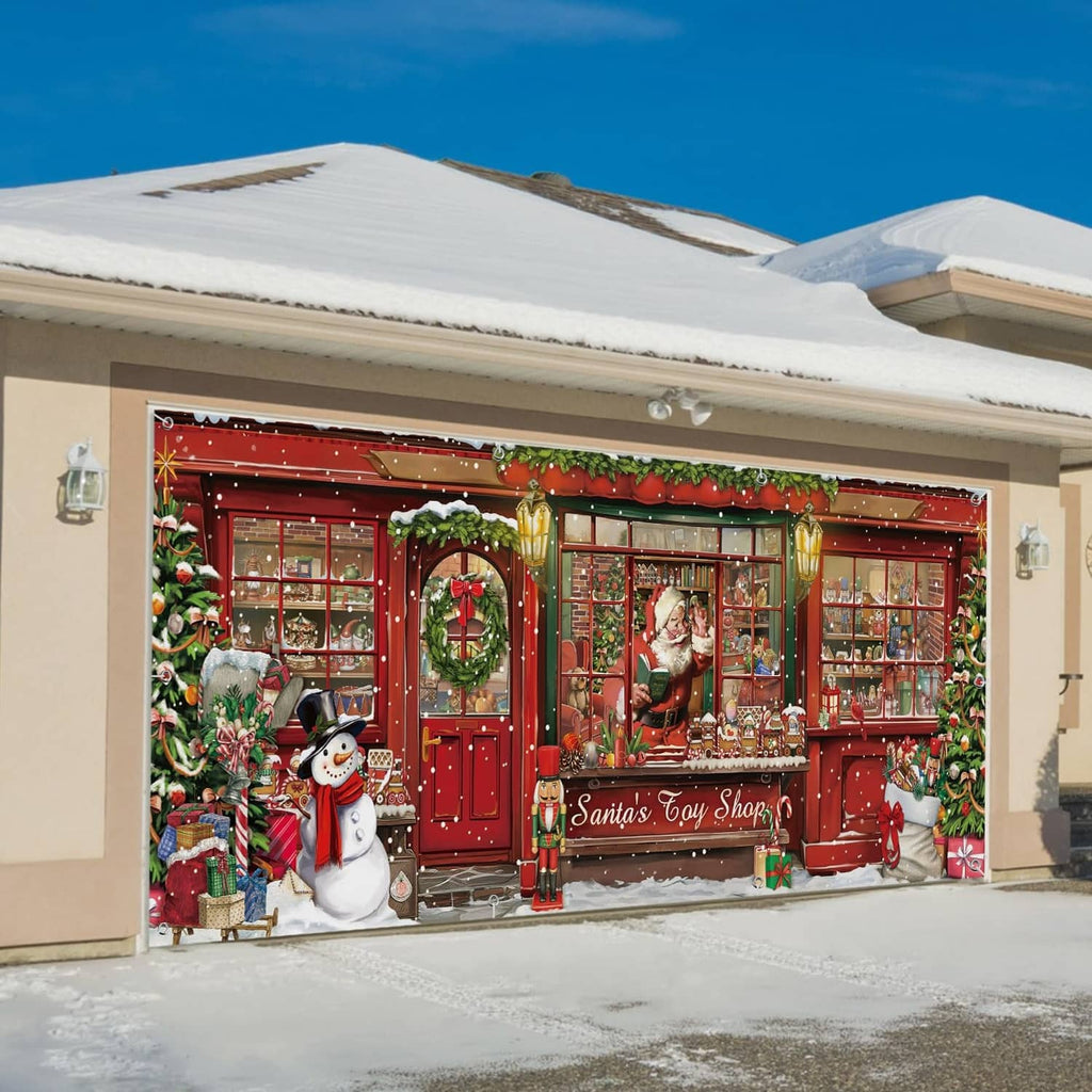 Christmas garage door banner featuring red toy shop storefront, nutcracker figures, and wreath