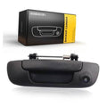 Black tailgate handle with built-in backup rear view camera and lens