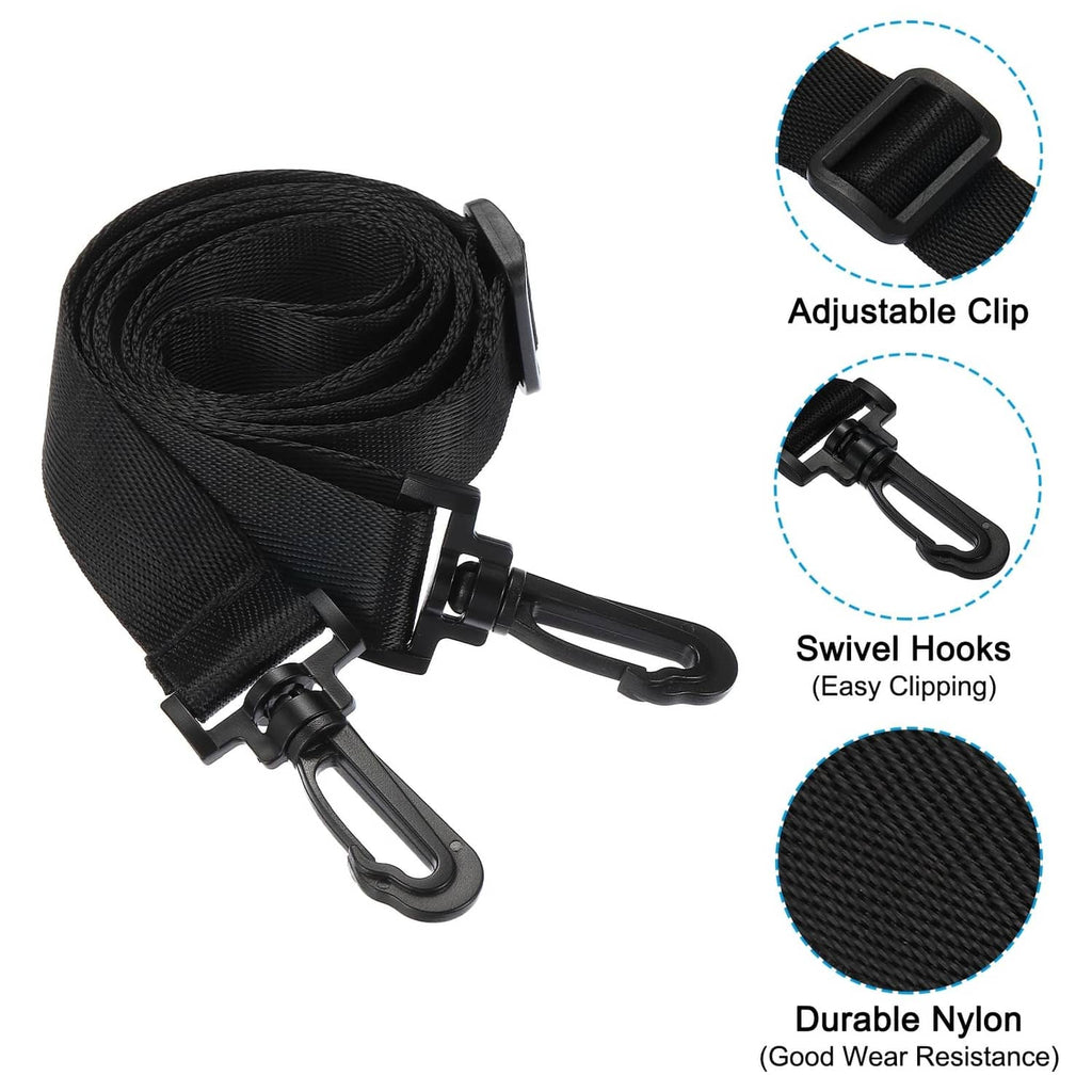 Black nylon shoulder strap roll with adjustable clip, swivel hooks, durable textured weave