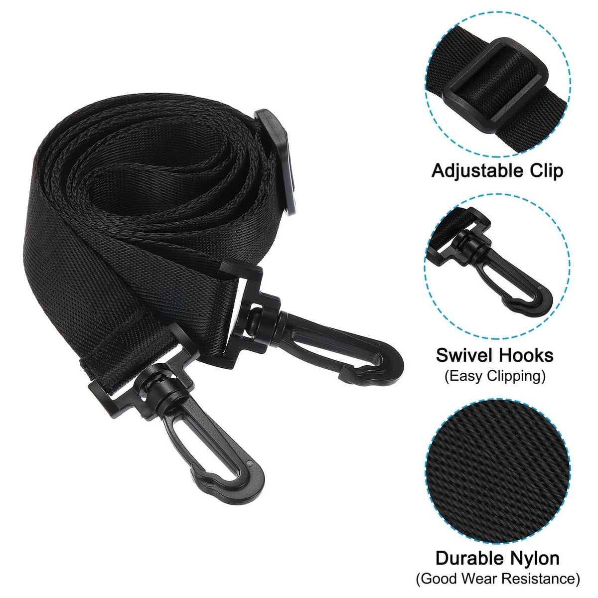 Black nylon shoulder strap roll with adjustable clip, swivel hooks, durable textured weave