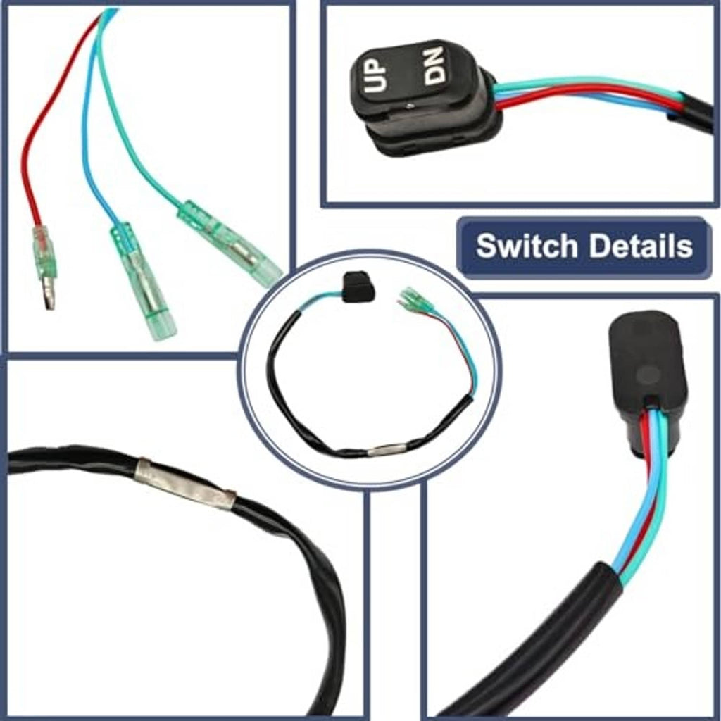 Color-coded trim switch harness with black housing and red, blue, green wire leads