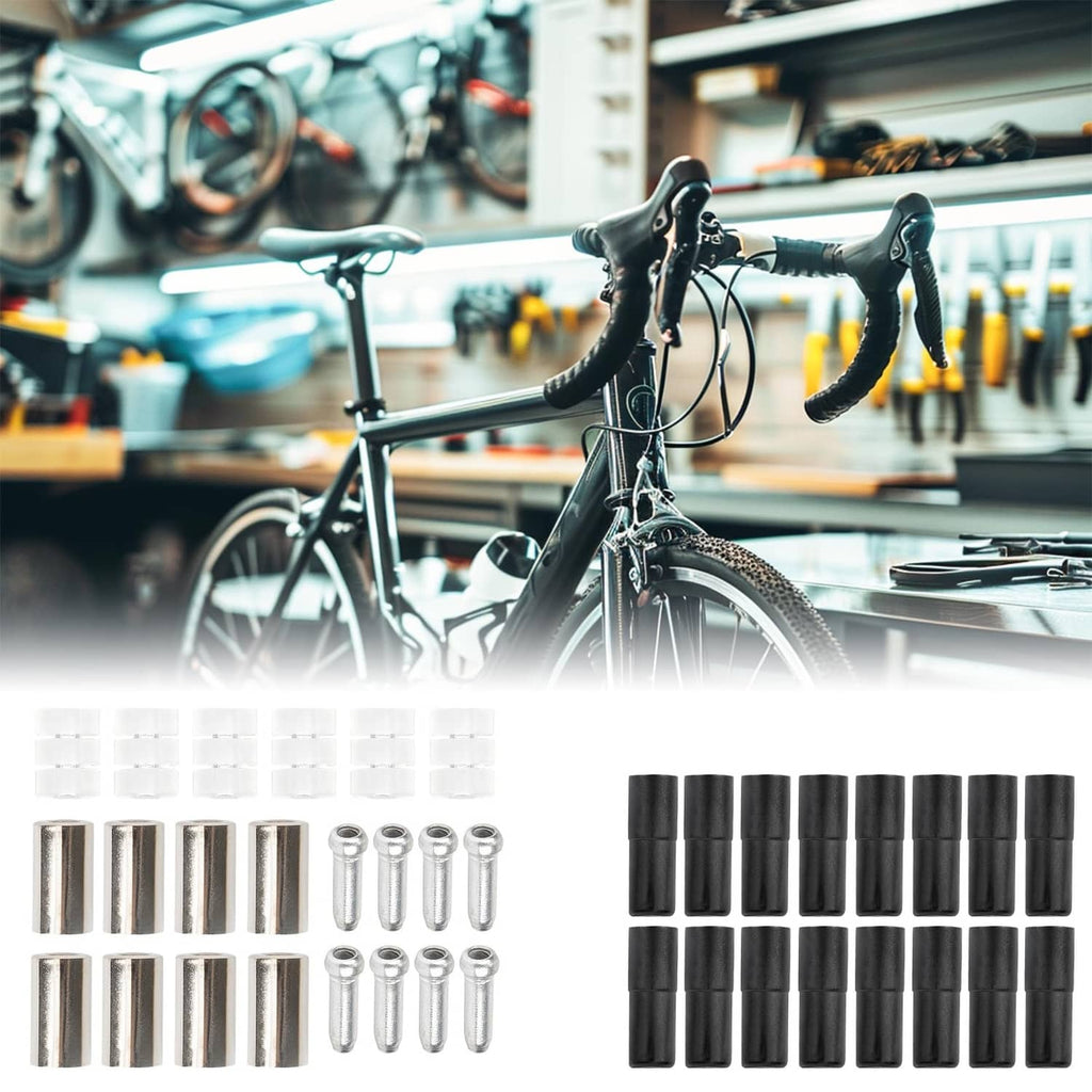 Bike brake cable kit components: black housings, silver ferrules, and inner wire lengths