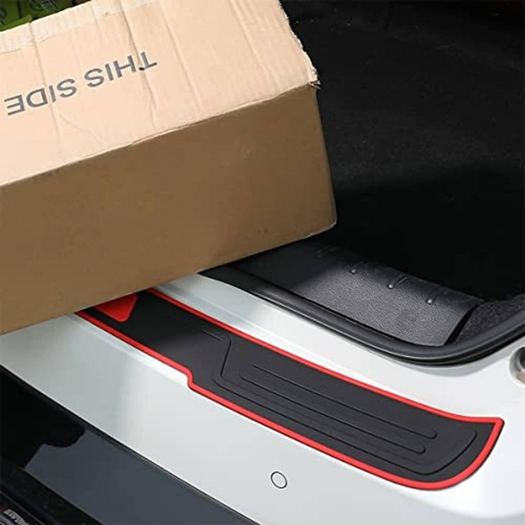 Universal rear bumper guard protector on rear bumper, black rubber with red trim
