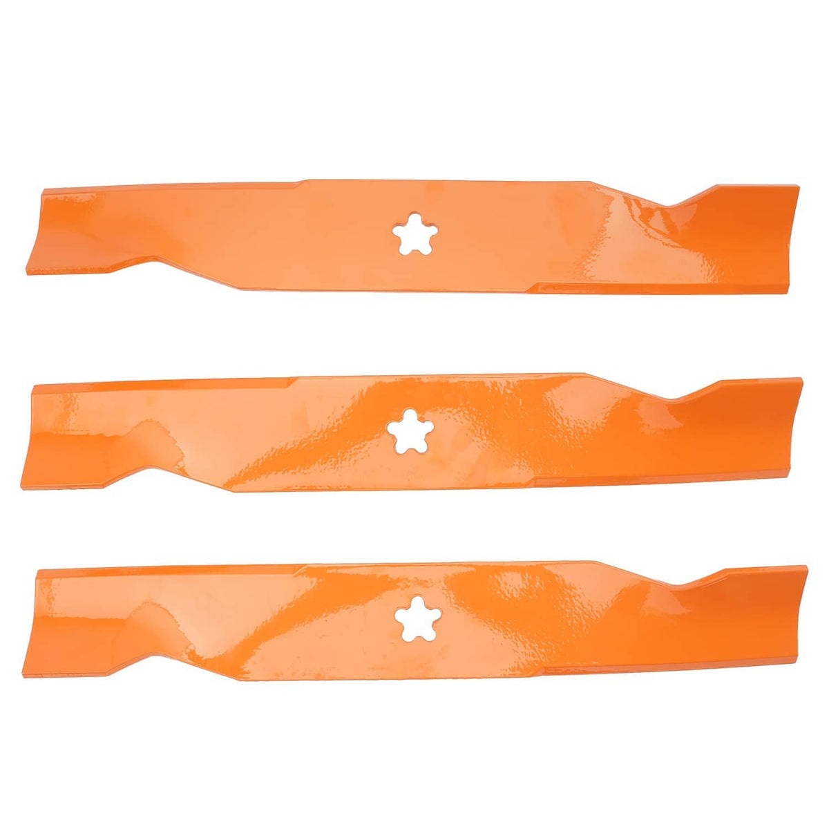 Three orange mower blades grouped together, each with a center star-shaped hole