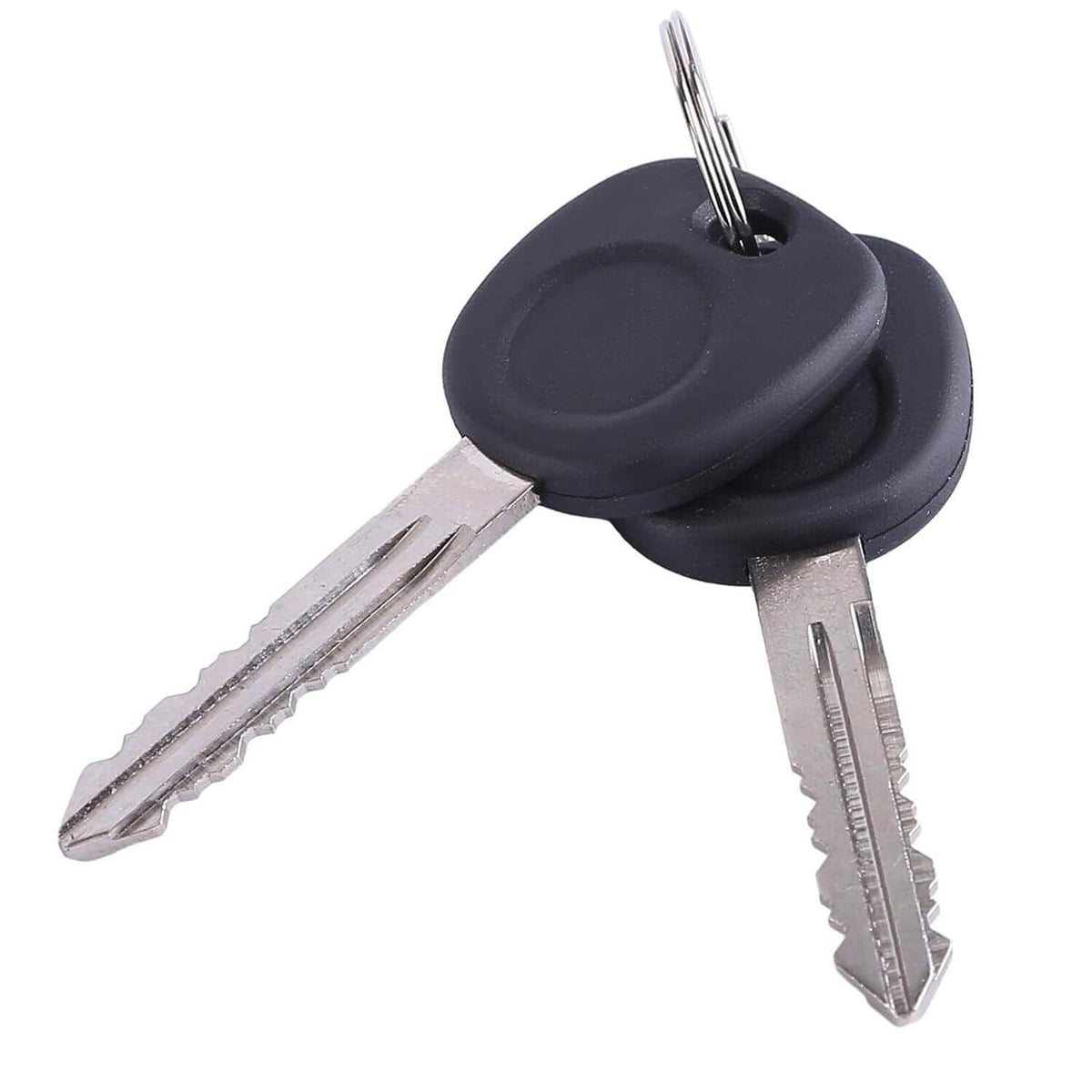 Two metal car keys with black plastic heads for ignition cylinder
