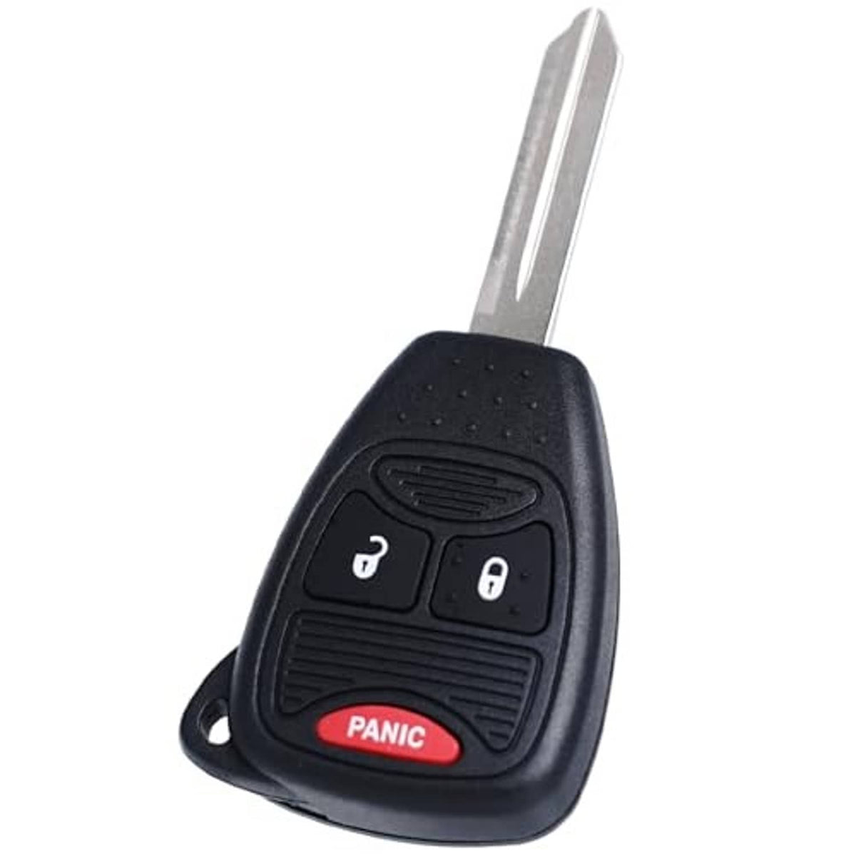 Black key fob remote with metal key blade, lock/unlock buttons, and red PANIC