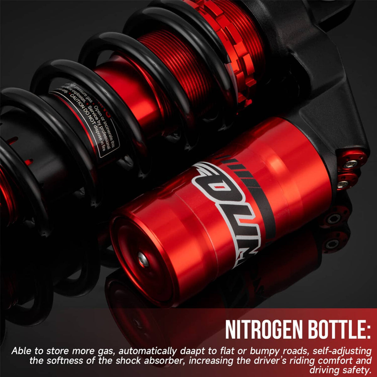 Red rear air shock absorber with black coil spring and red aluminum reservoir