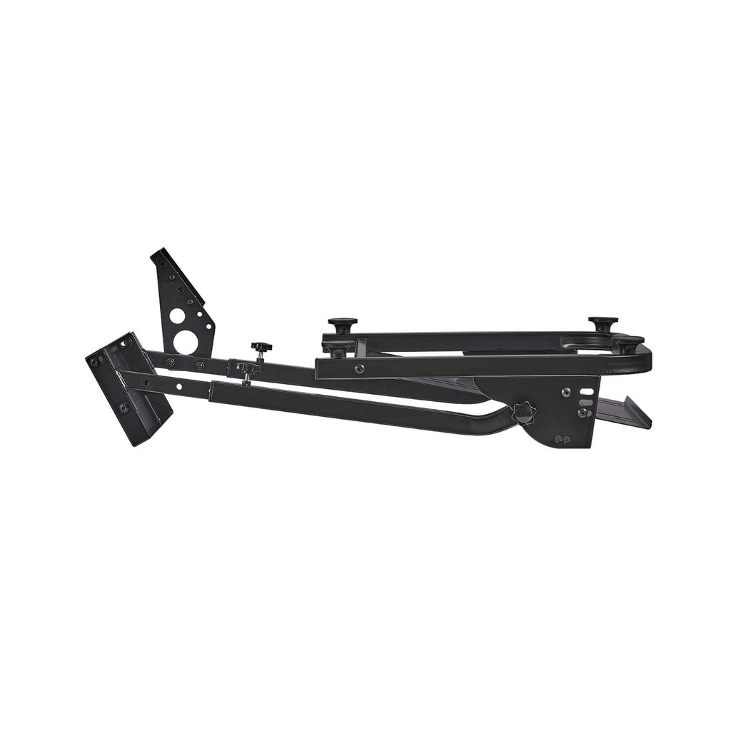 Foldable racing wheel stand, black metal with long arm, wheel mount plate, and adjustment knobs