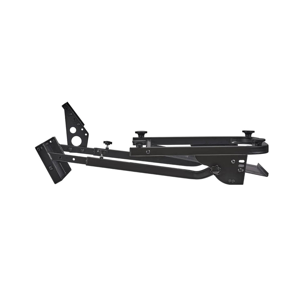 Foldable racing wheel stand, black metal with long arm, wheel mount plate, and adjustment knobs