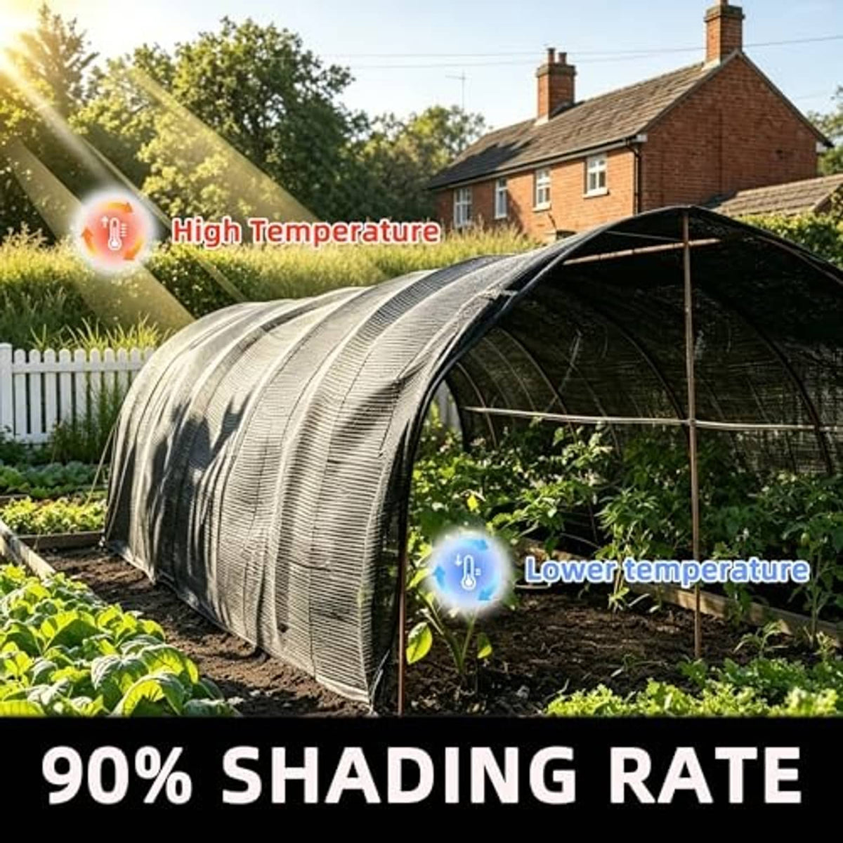 Black shade cloth draped over garden hoop frame for sun shading
