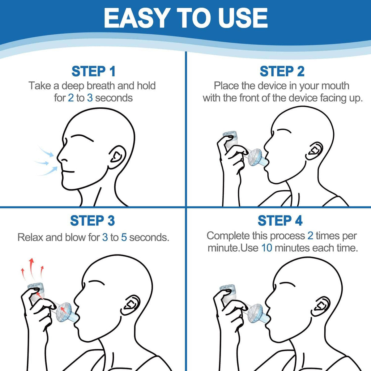 Usage instruction steps for the breathing exercise device mouthpiece and ball caps