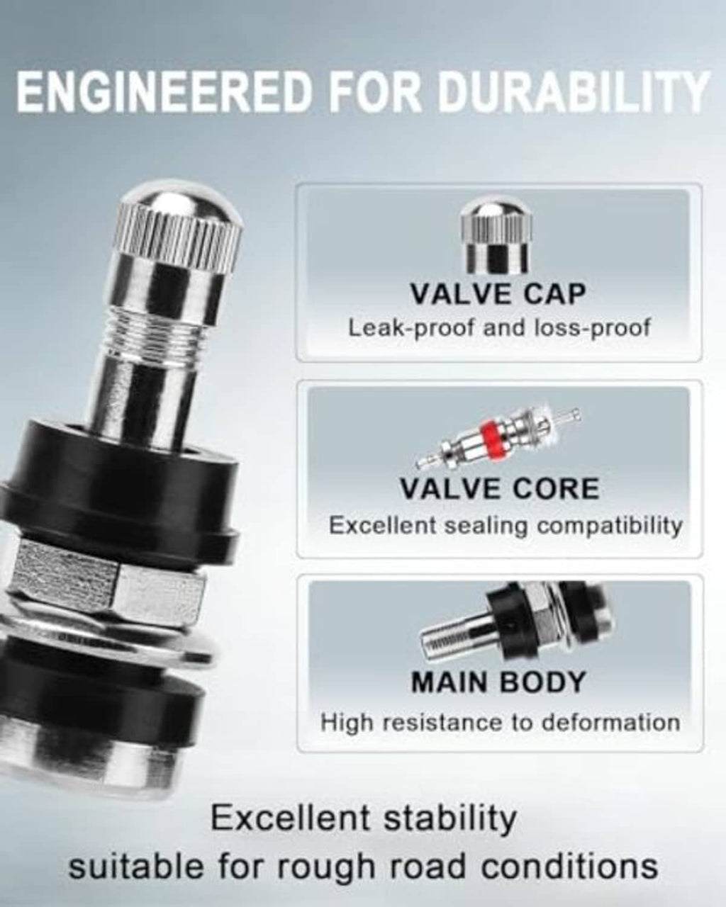 Metal tire valve stem with chrome cap and black base, leakproof and loss-resistant design