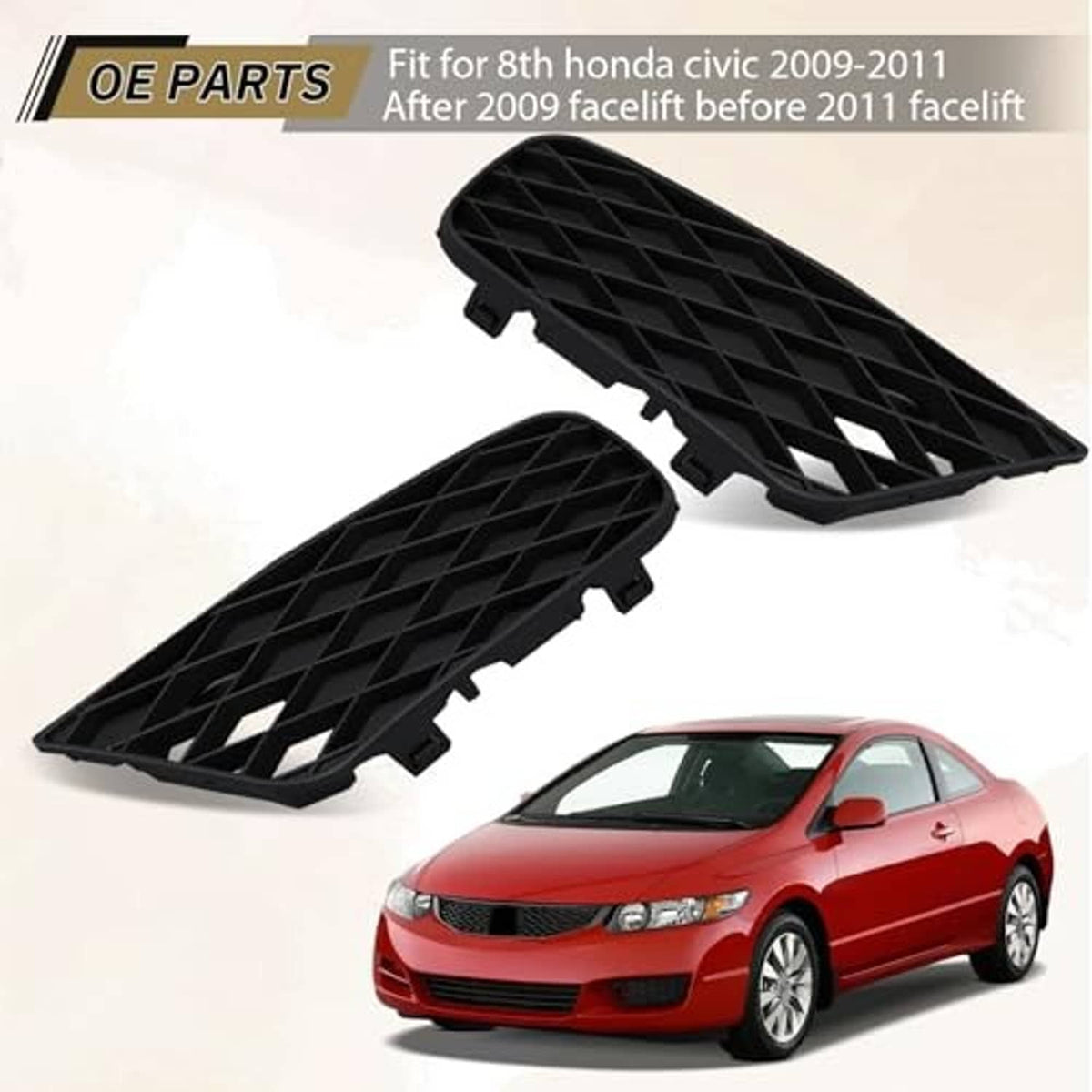 Pair of black grille fog light covers, shown as two inserts with mounting tabs.
