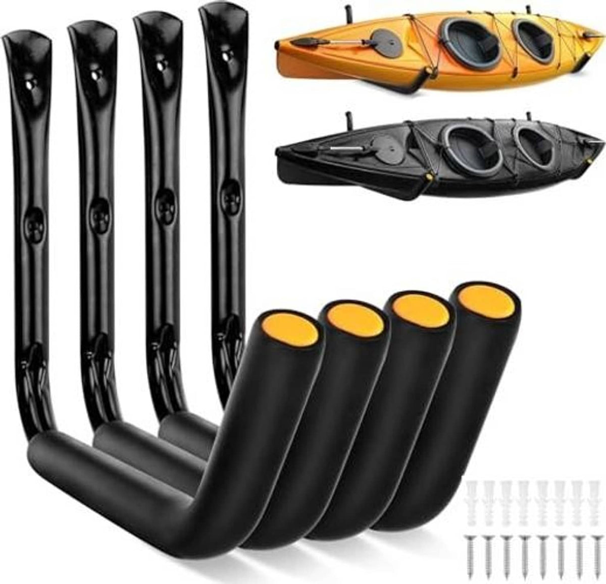 Four black U-shaped garage hooks with upright bars and rounded bases for storage