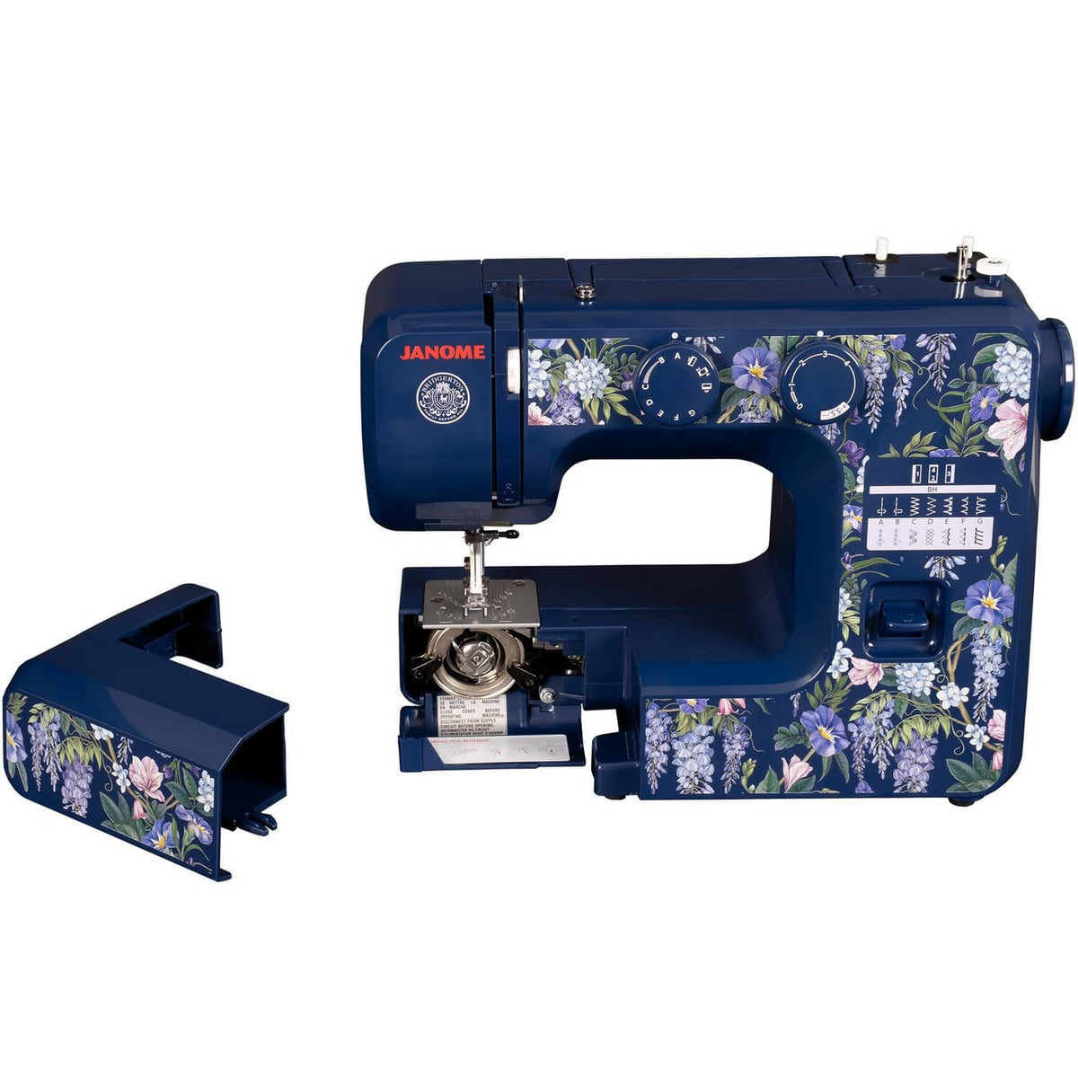 Indigo sewing machine with floral front panel and stitch dial, side view