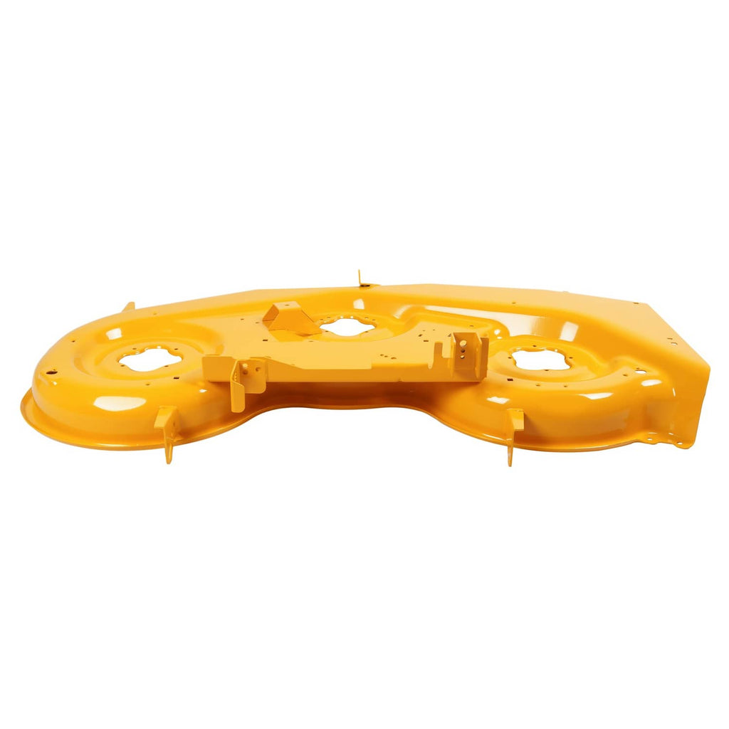 50-inch yellow mower deck shell underside with three circular cutouts