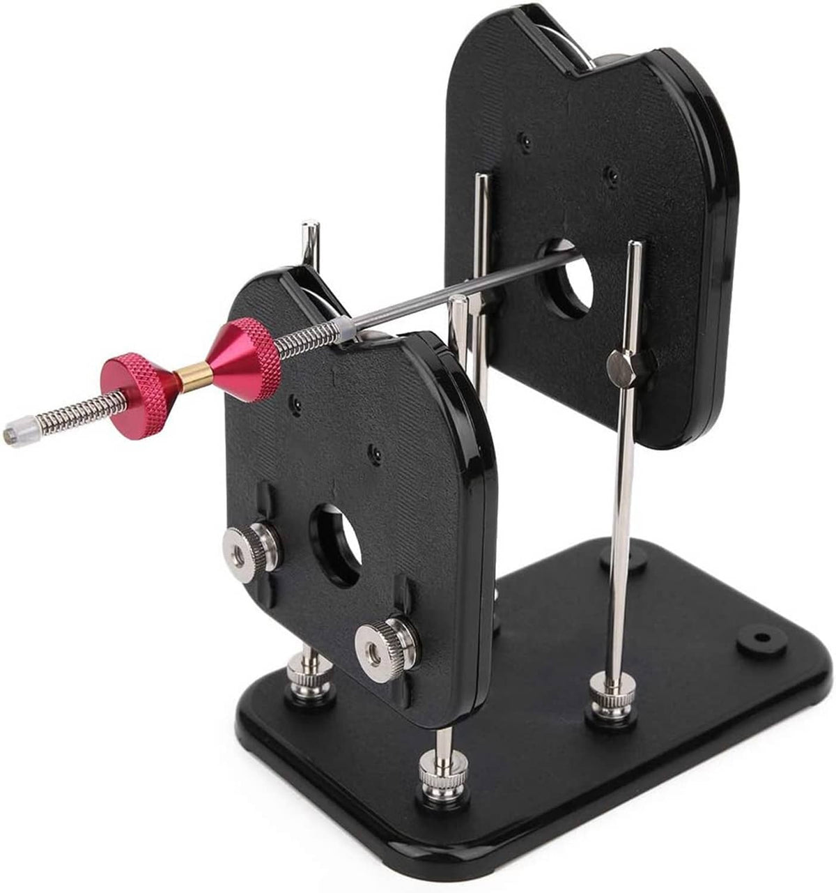 RC prop balancer stand side view with black base, pink hub, and balancing posts