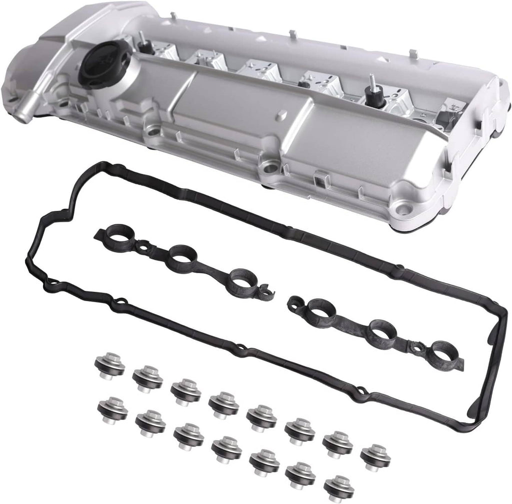 Aluminum valve cover with black gasket seals and small hardware pieces