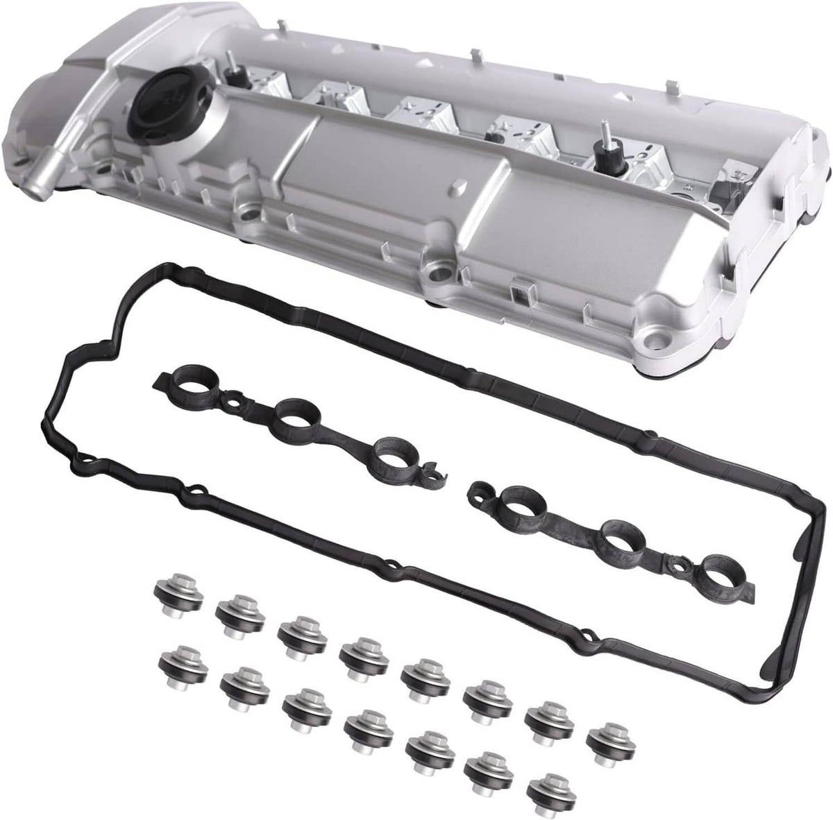 Aluminum valve cover with black gasket seals and small hardware pieces