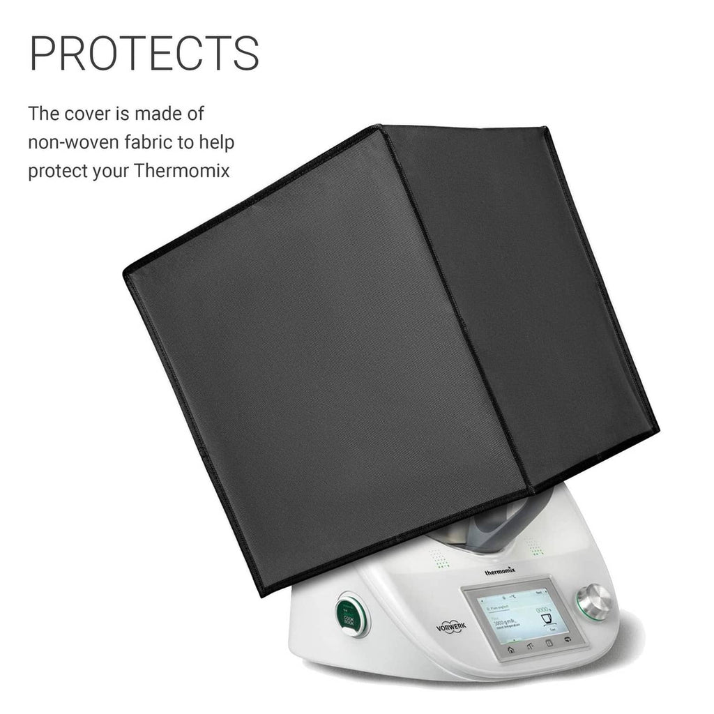 Folded dark fabric cover for Thermomix appliance, two-panel design