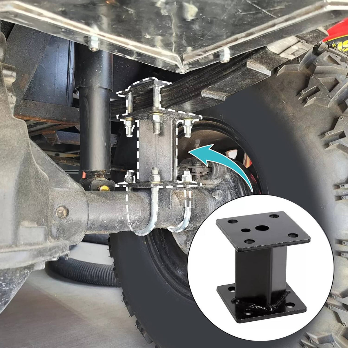 4 in block lift kit installed under golf cart: black lift block and bracket hardware