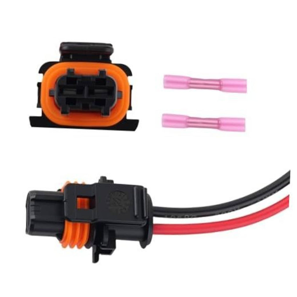 Alternator connector pigtail harness with black plug, red wire, and two pink terminal pins