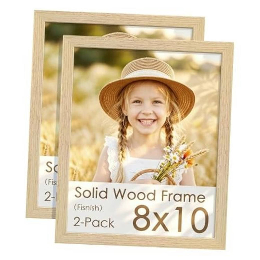 Two natural wood 8x10 picture frames with photo inserts, solid frame borders