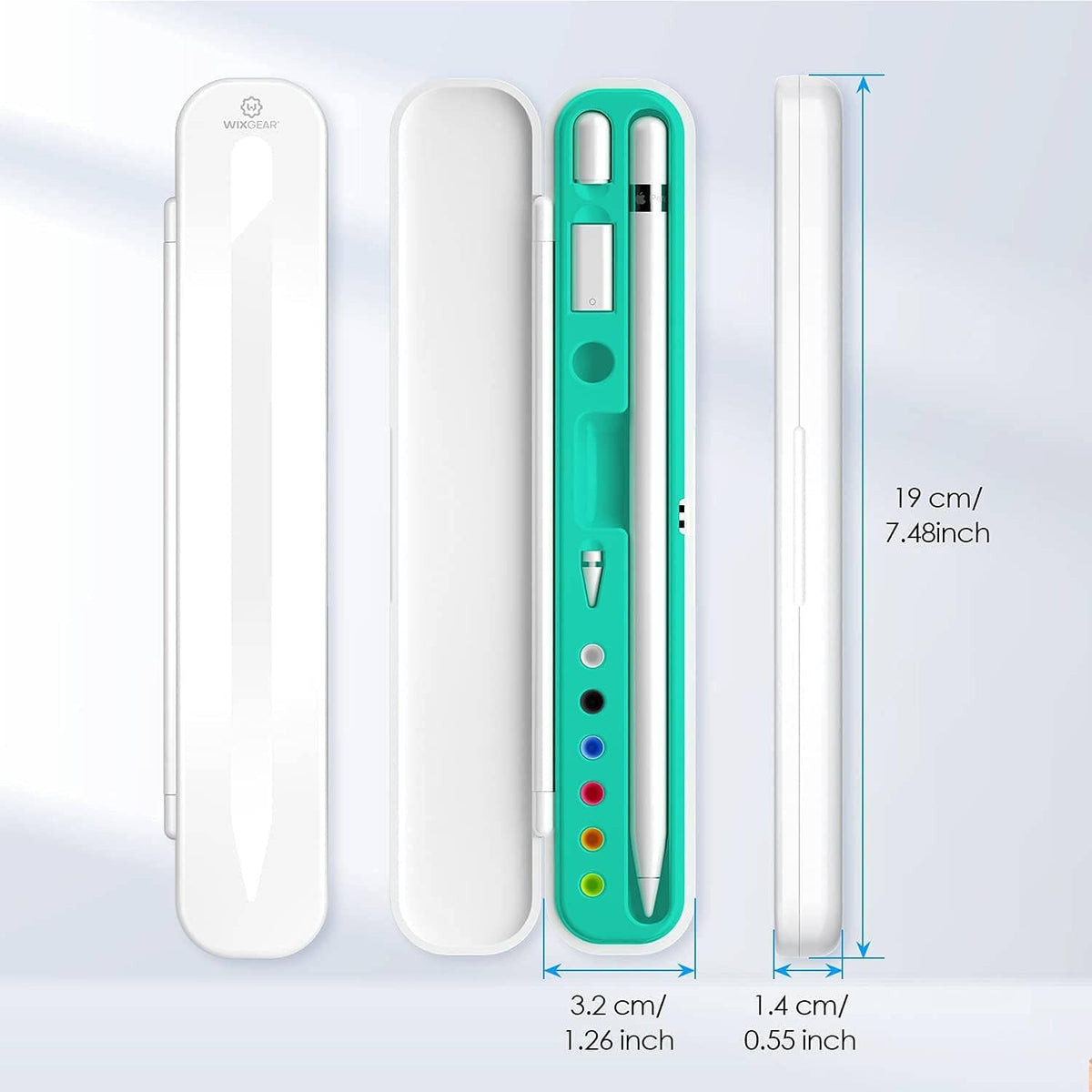 Teal and white stylus case shown with open compartments and protective shell