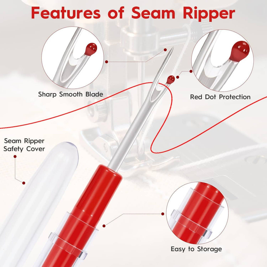 Red seam ripper tool with protective safety cover and exposed blade