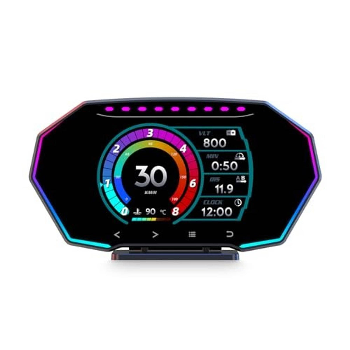 Octagonal car HUD display showing speedometer, voltage, and clock on a blue screen