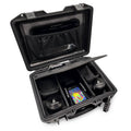 Black airtight smell-proof storage box, open lid with mesh divider and compartments