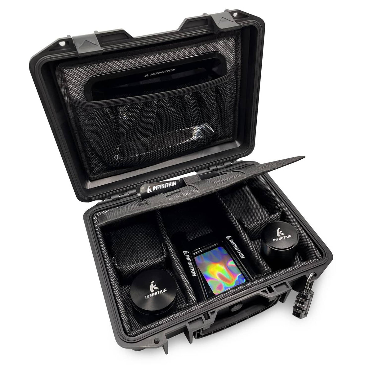 Black airtight smell-proof storage box, open lid with mesh divider and compartments