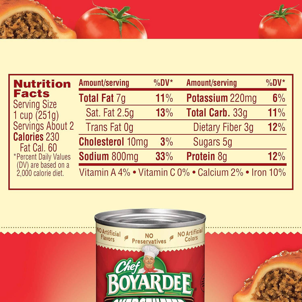 Nutrition Facts panel on Chef Boyardee Overstuffed Beef Ravioli can